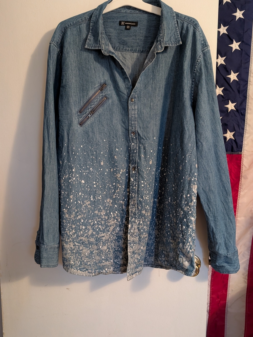 Denim Paint-Splatter Button-Up Shirt - Blue
